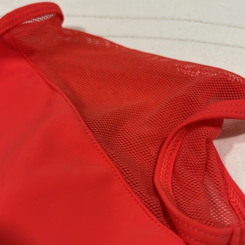 Coral/Pink Swimsuit One Piece Mesh Cap Sleeves Front Zipper Built In Bra - Picture 7 of 12